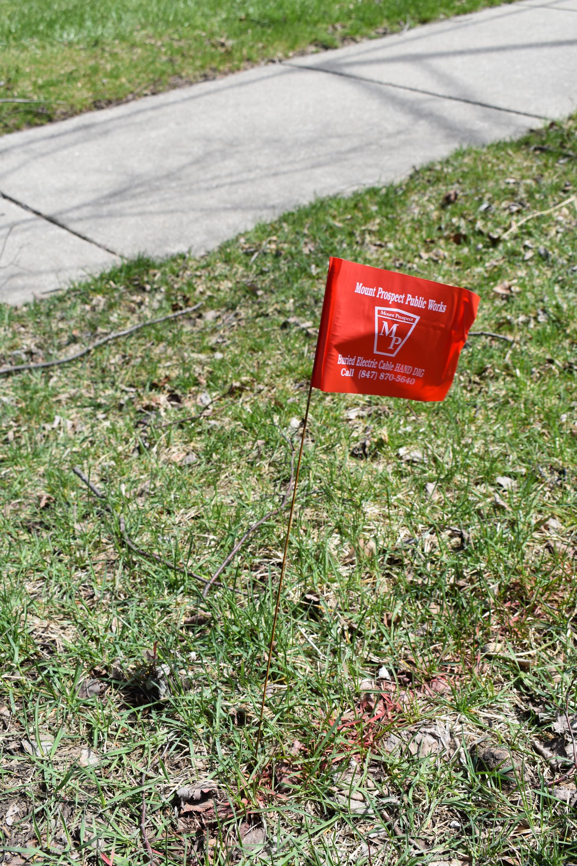 A red flag on a stick stands prominently in a grassy area